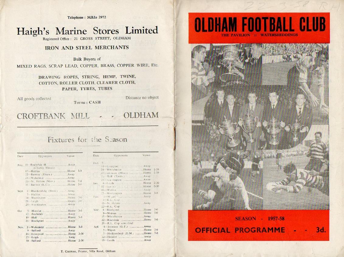 Programme cover: Oldham v Rochdale Hornets, 22 March 1958