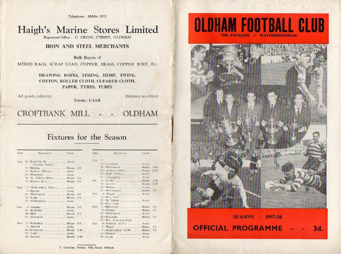 Programme cover: Oldham v Widnes, 25 March 1958