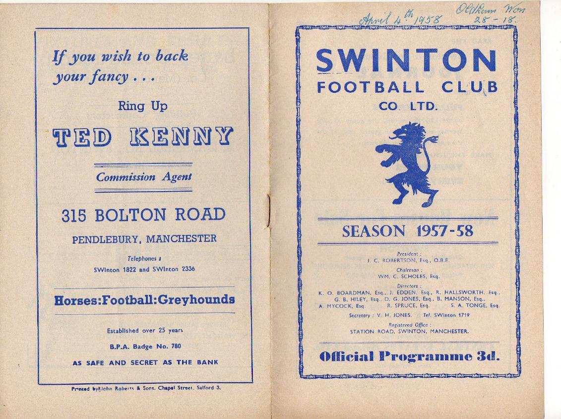 Programme cover: Oldham v Swinton, 4 April 1958