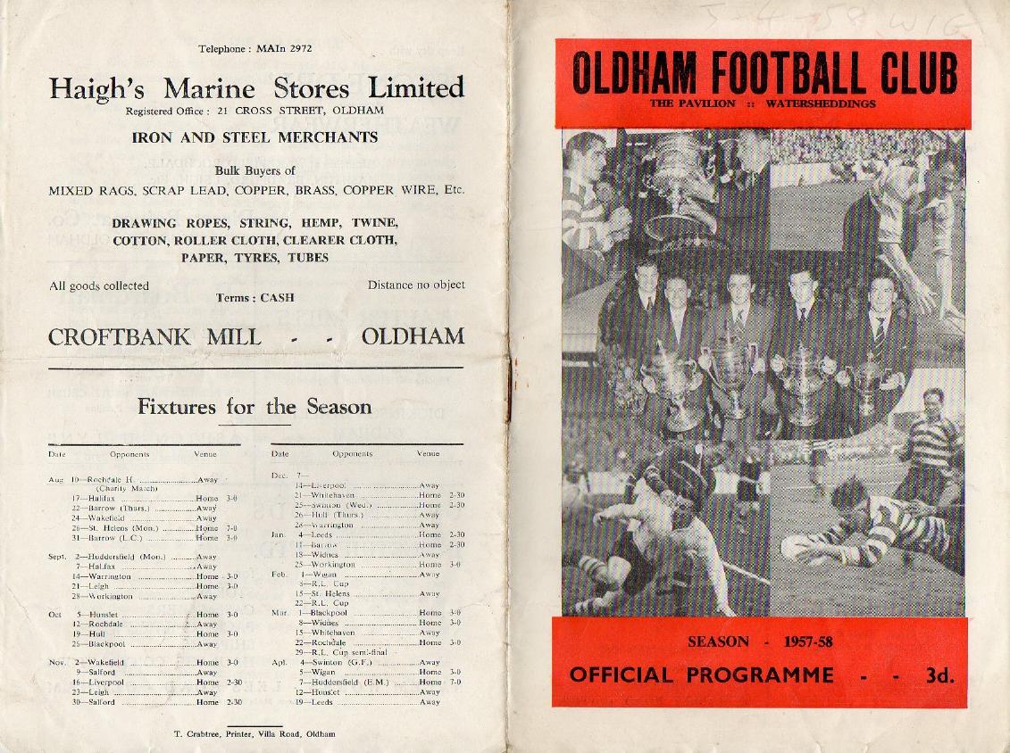 Programme cover: Oldham v Wigan, 5 April 1958