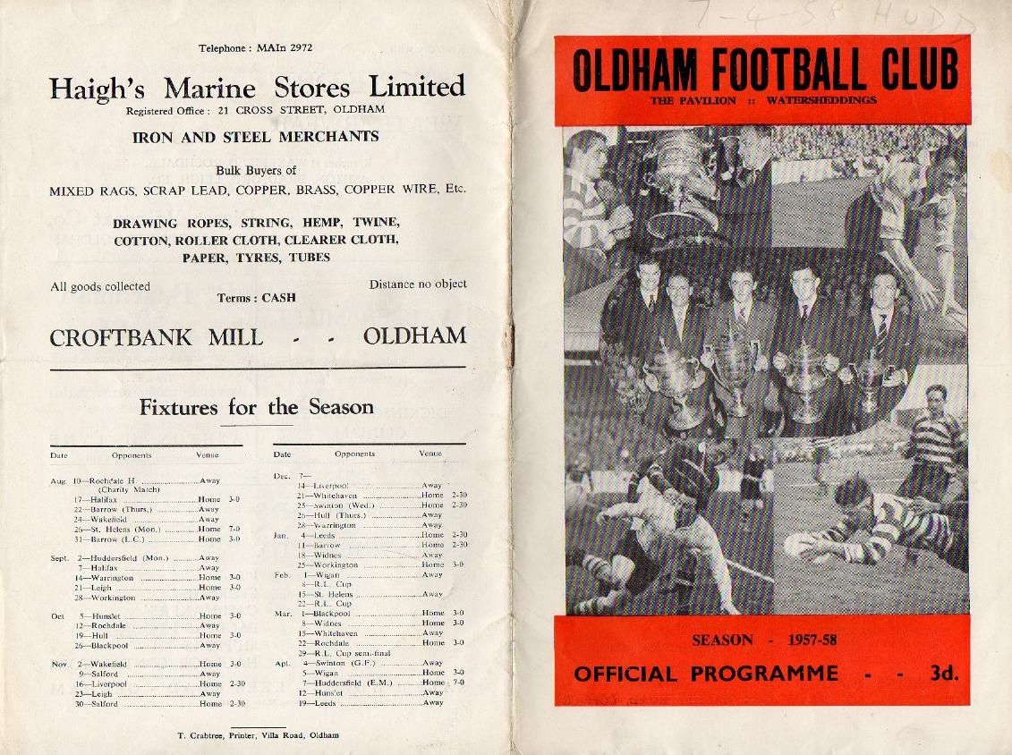 Programme cover: Oldham v Huddersfield, 7 April 1958