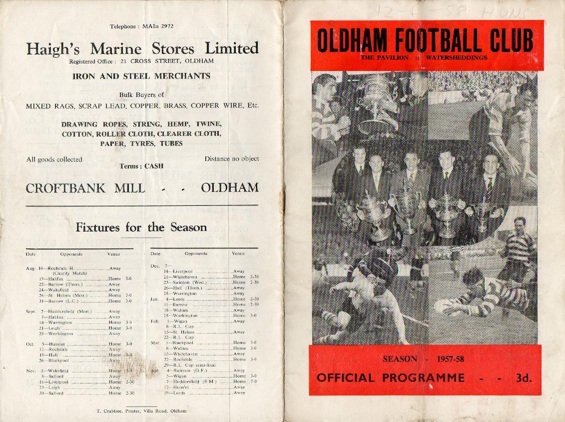 Programme cover: Oldham v Hunslet, 12 April 1958