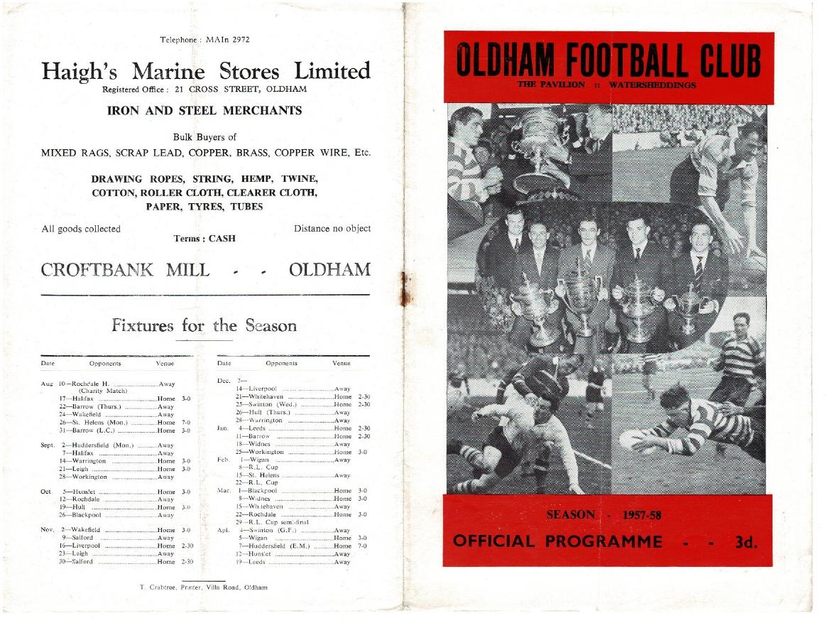 Programme cover: Oldham v Hull FC, 16 April 1958