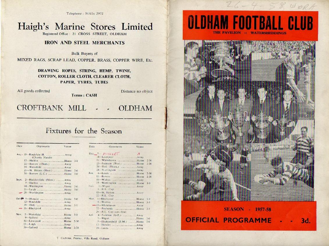 Programme cover: Oldham v Workington Town, 26 April 1958
