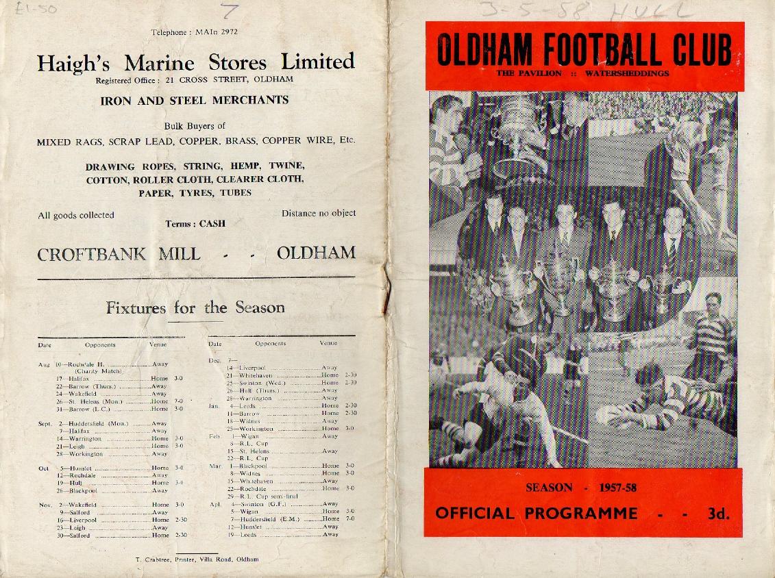 Programme cover: Oldham v Hull FC, 3 May 1958