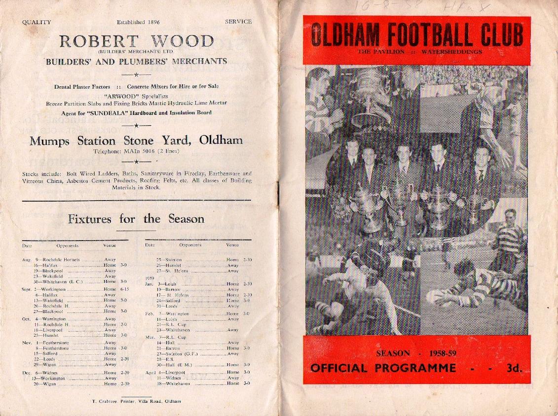 Programme cover: Oldham v Halifax, 16 August 1958