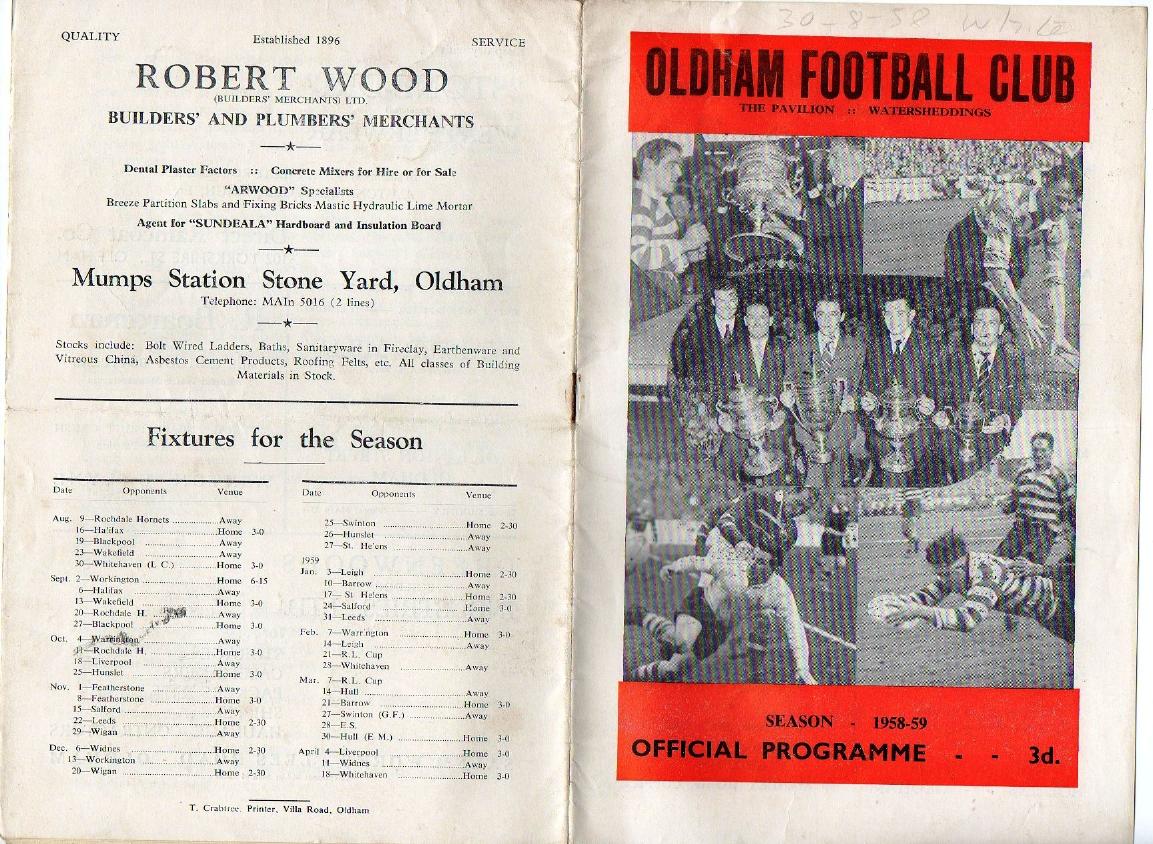 Programme cover: Oldham v Whitehaven, 30 August 1958