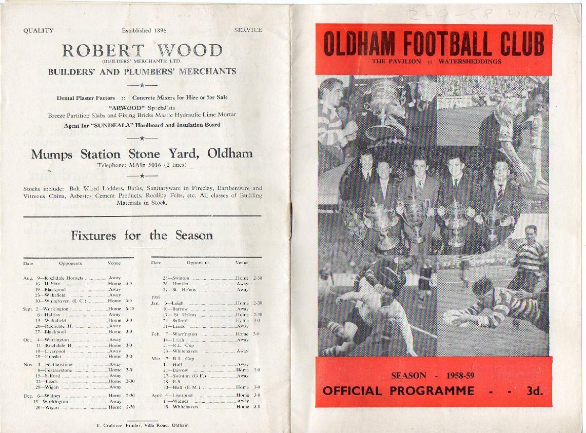 Programme cover: Oldham v Workington Town, 2 September 1958