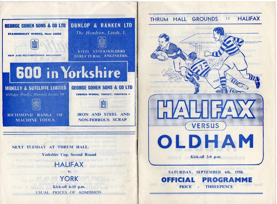 Programme cover: Oldham v Halifax, 6 September 1958