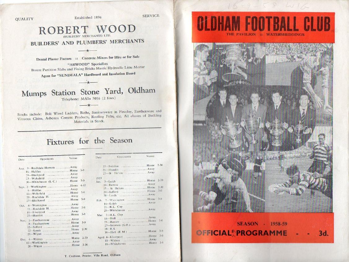 Programme cover: Oldham v Wigan, 16 September 1958