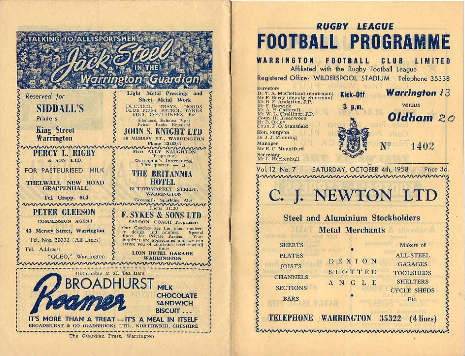 Programme cover: Oldham v Warrington, 4 October 1958