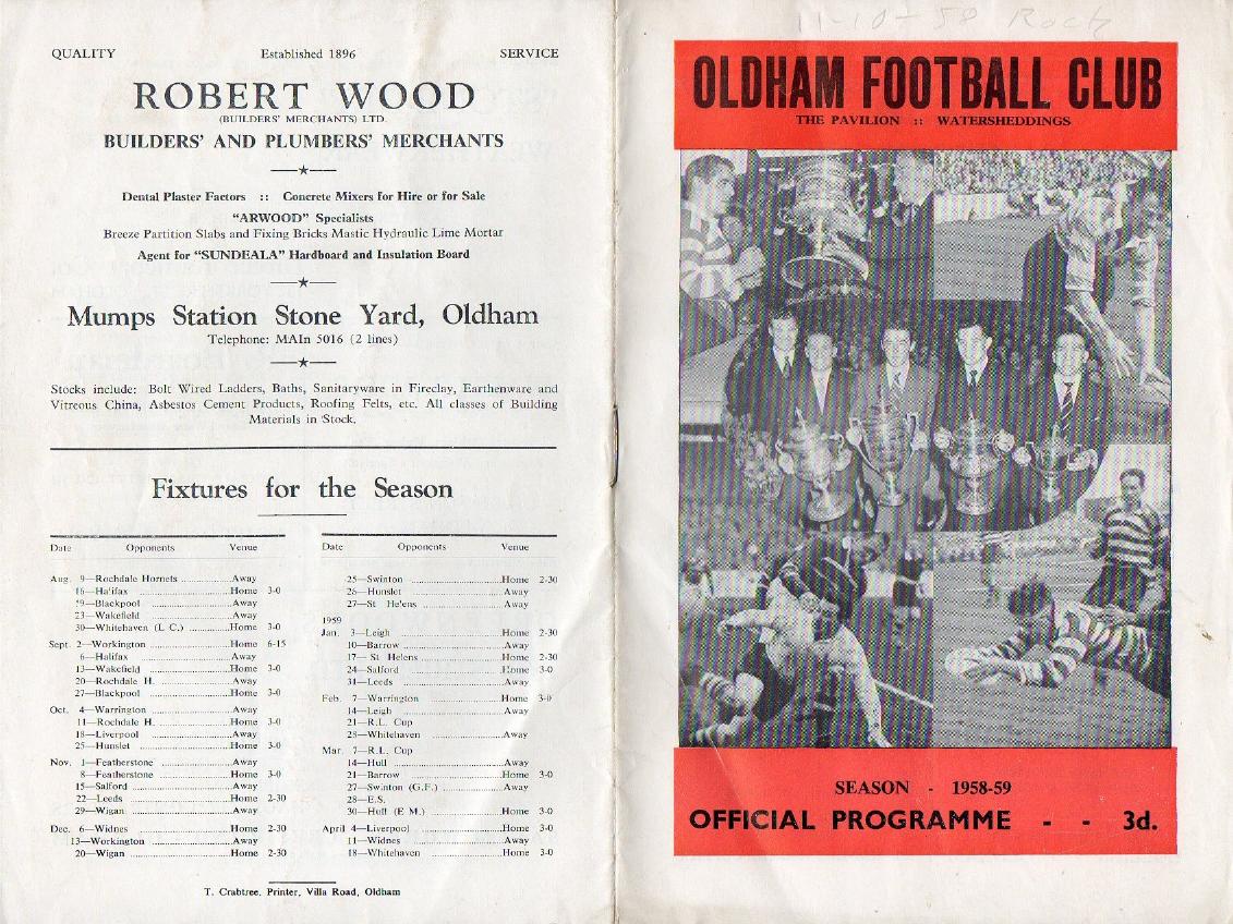 Programme cover: Oldham v Rochdale Hornets, 11 October 1958