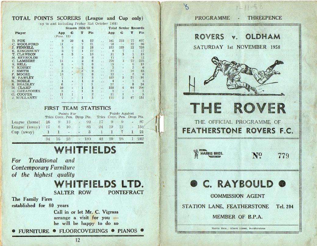 Programme cover: Oldham v Featherstone Rovers, 1 November 1958