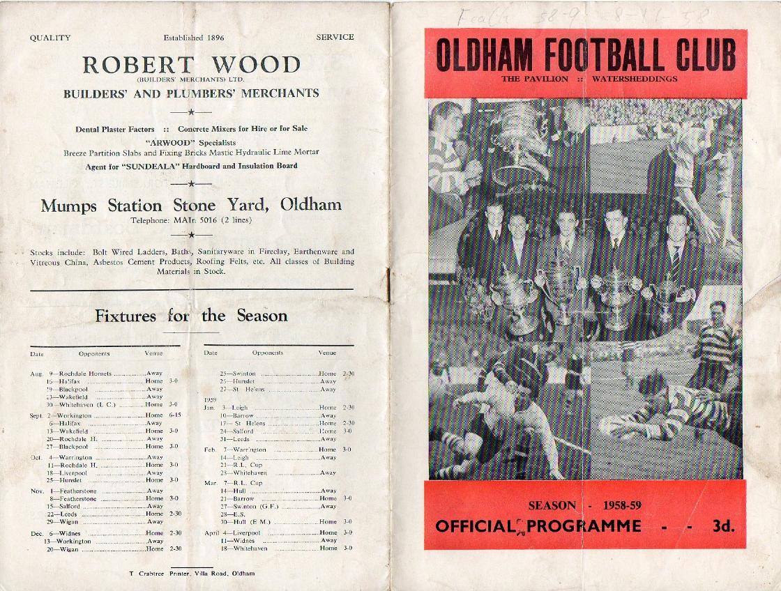 Programme cover: Oldham v Featherstone Rovers, 8 November 1958
