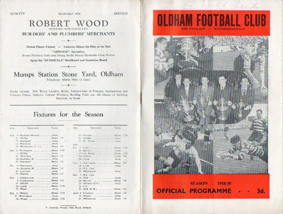 Programme cover: Oldham v Leeds, 22 November 1958