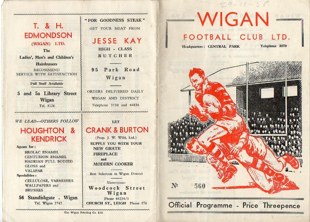 Programme cover: Oldham v Wigan, 29 November 1958