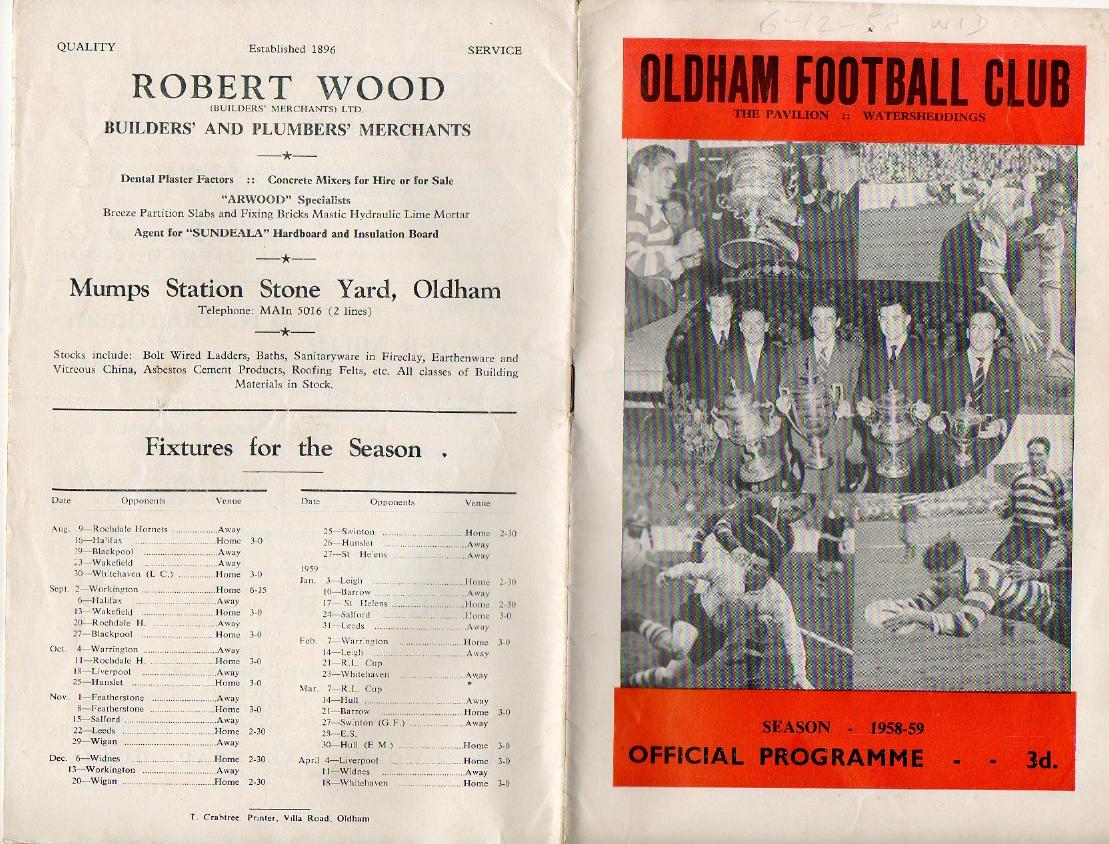 Programme cover: Oldham v Widnes, 6 December 1958
