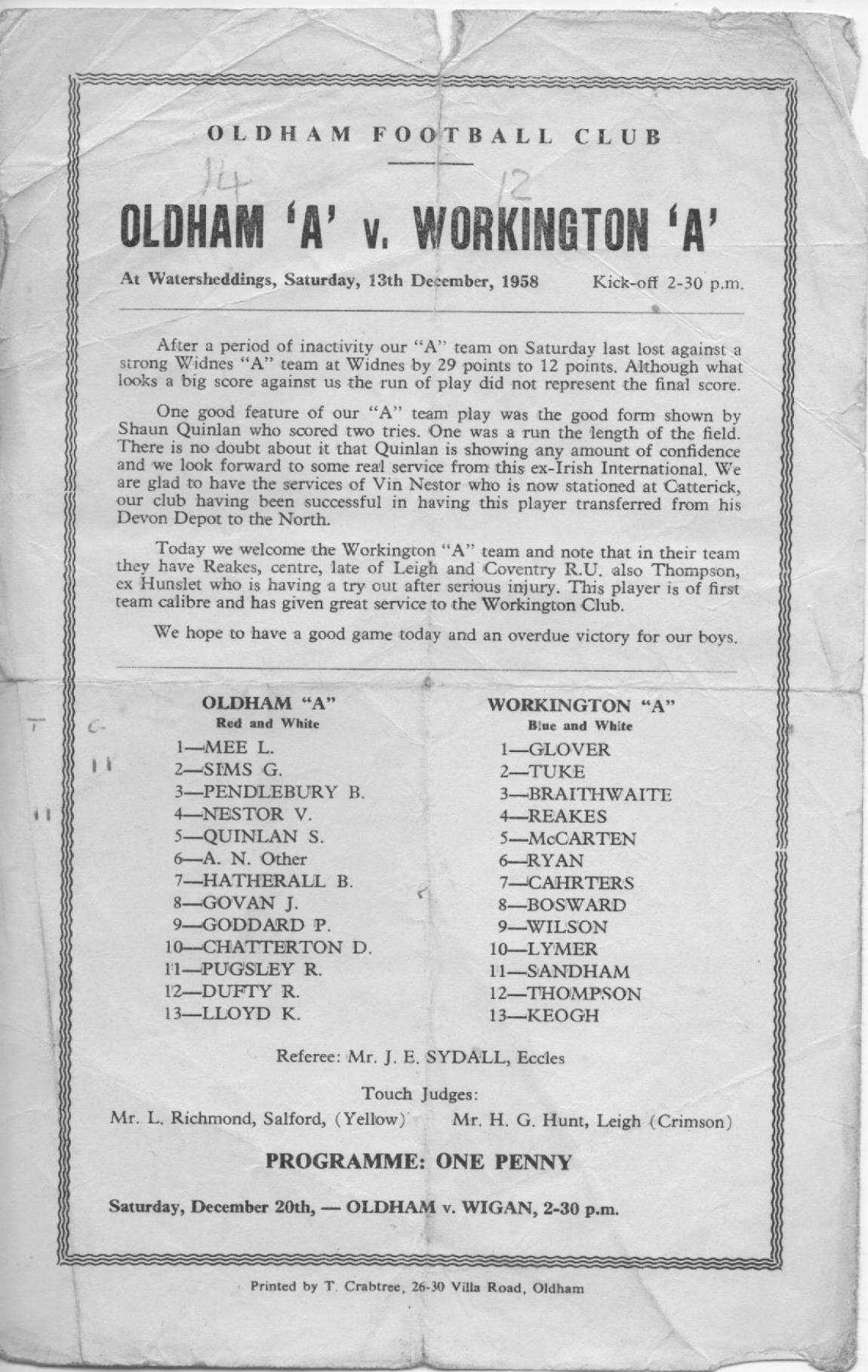 Programme cover: Oldham v Workington Town, 13 December 1958