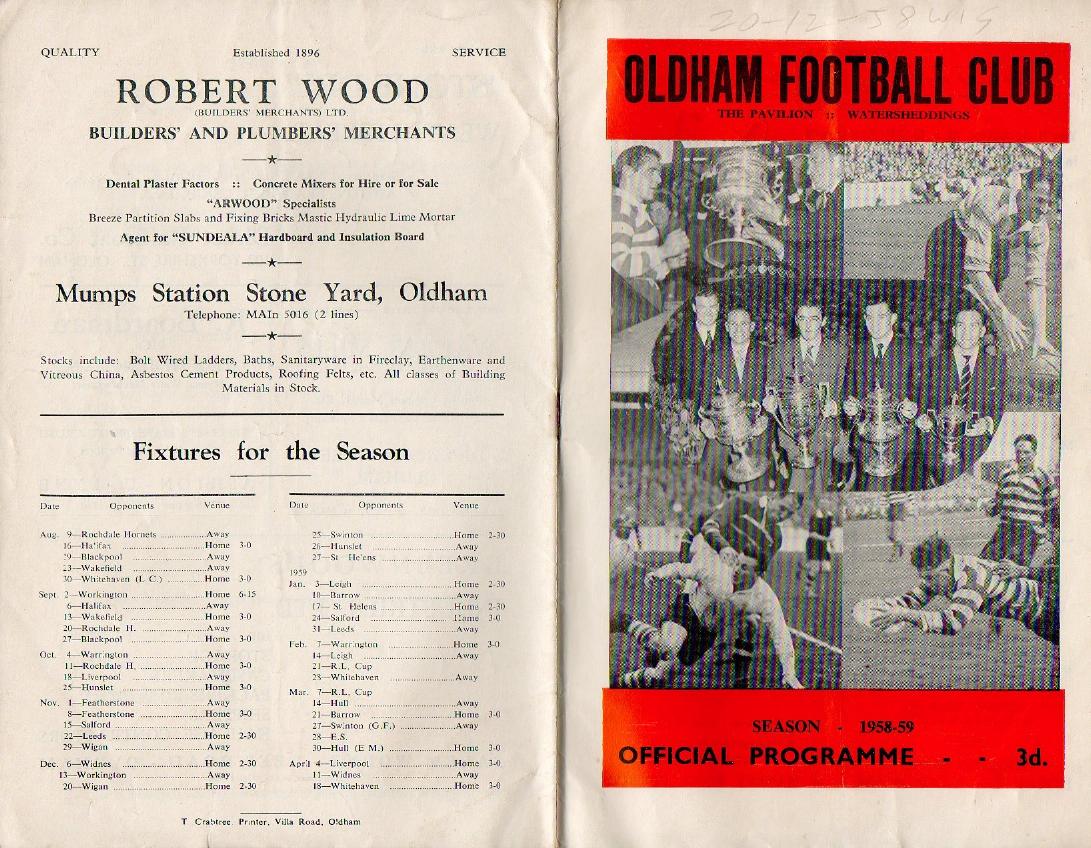 Programme cover: Oldham v Wigan, 20 December 1958