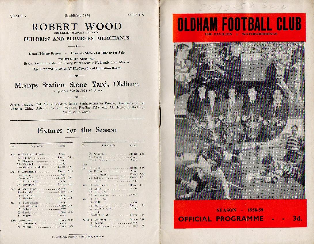 Programme cover: Oldham v Swinton, 25 December 1958