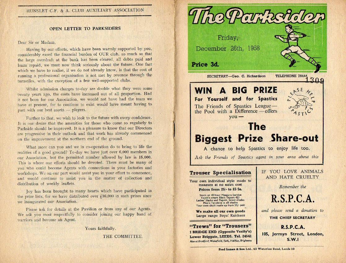Programme cover: Oldham v Hunslet, 26 December 1958