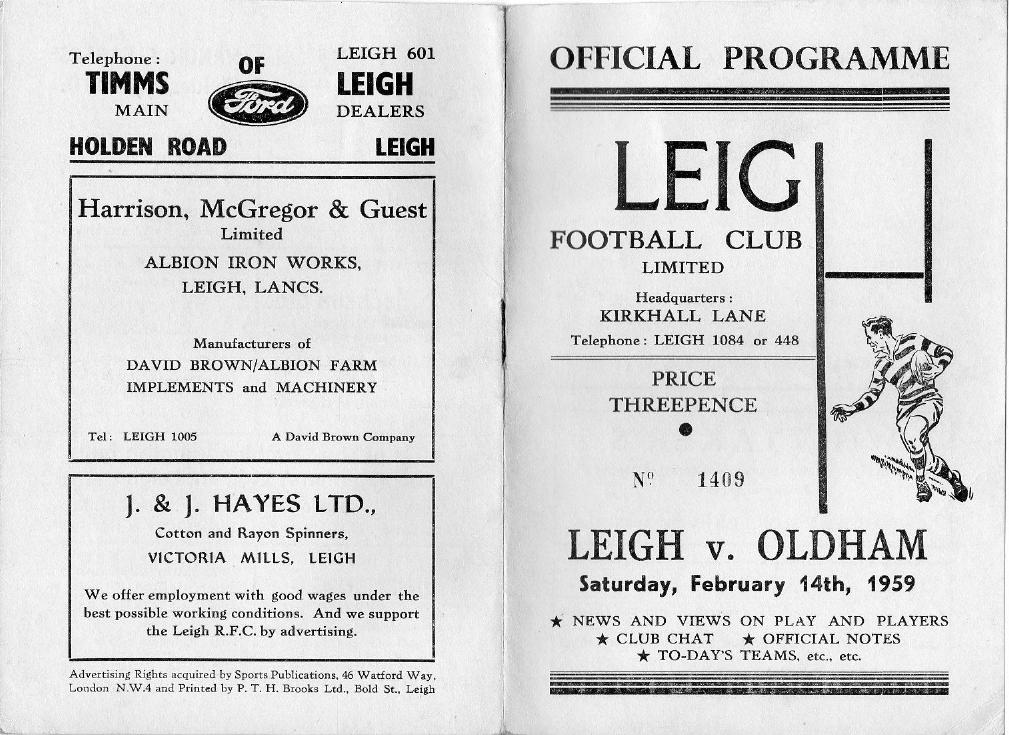 Programme cover: Oldham v Leigh, 14 February 1959