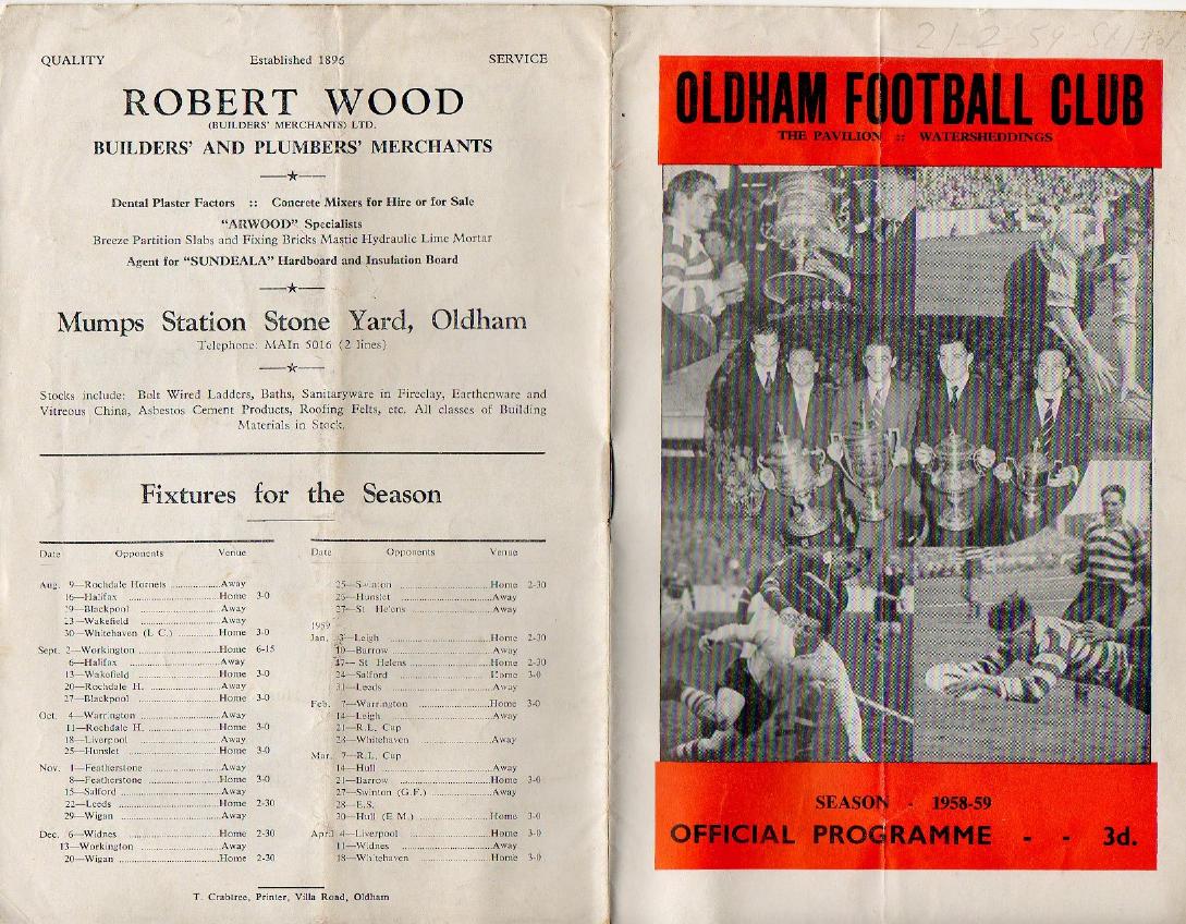 Programme cover: Oldham v St Helens, 21 February 1959