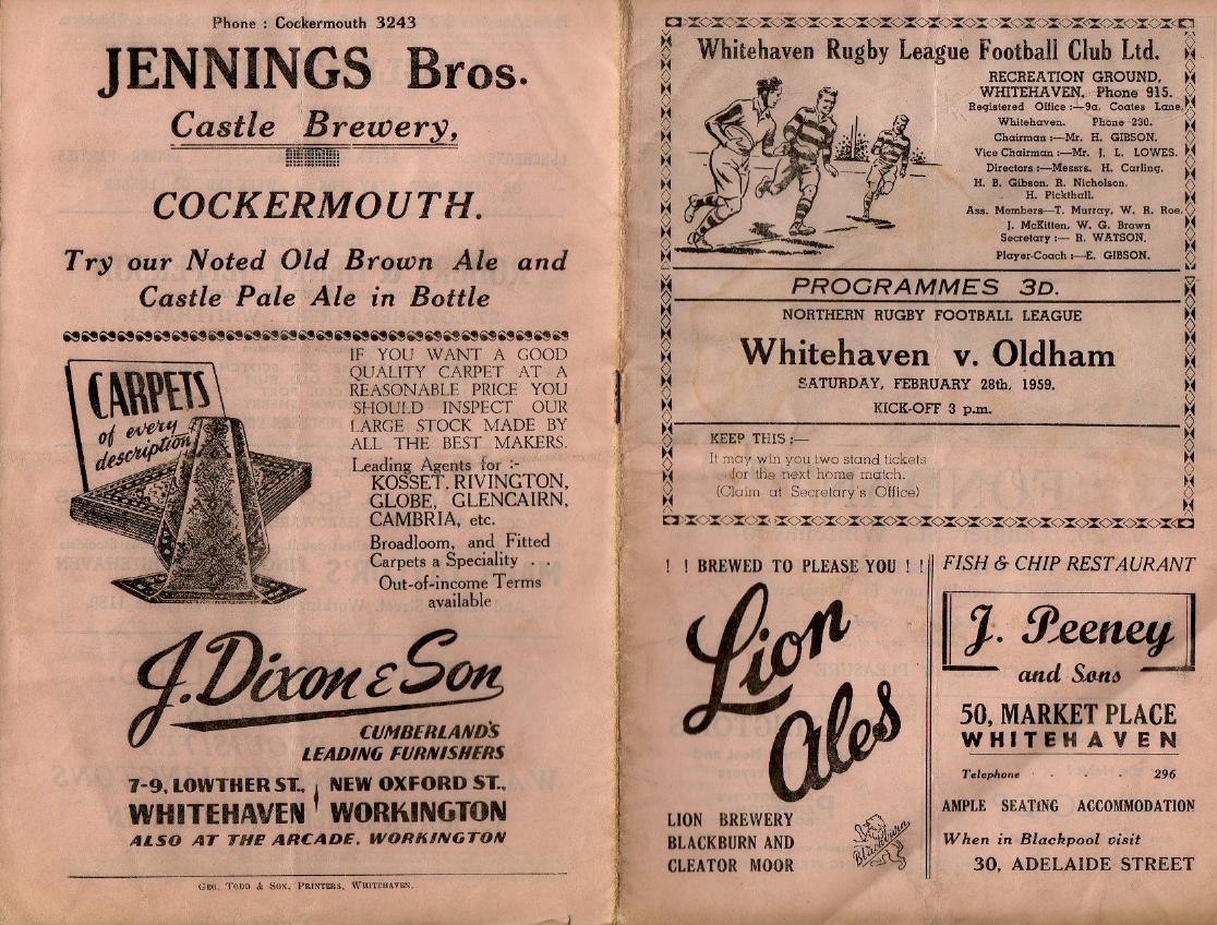 Programme cover: Oldham v Whitehaven, 28 February 1959