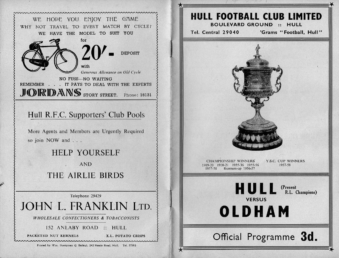 Programme cover: Oldham v Hull FC, 14 March 1959