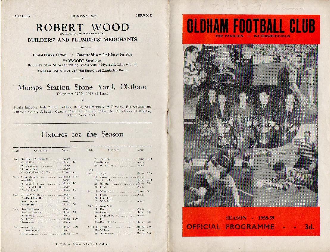 Programme cover: Oldham v Barrow, 21 March 1959