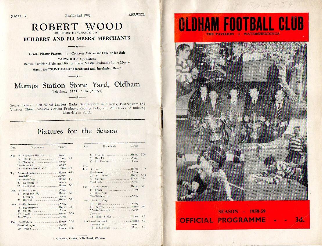 Programme cover: Oldham v Hull FC, 30 March 1959