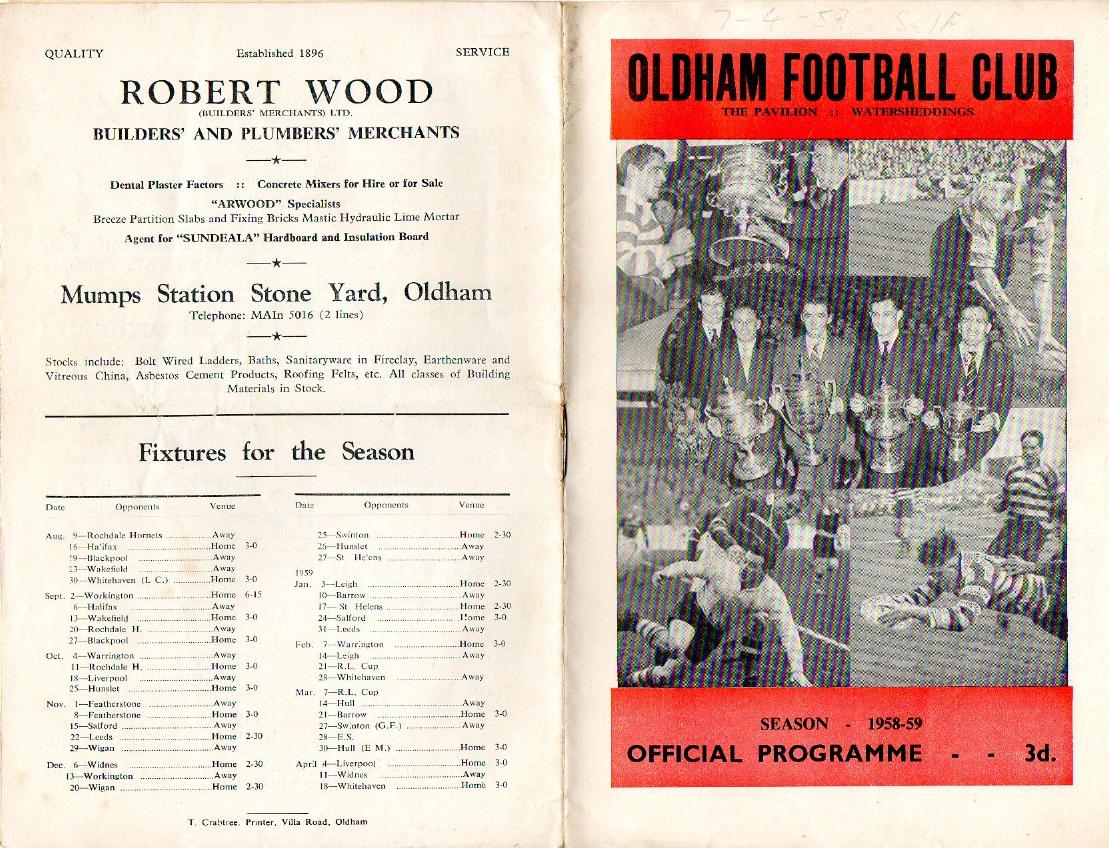 Programme cover: Oldham v Salford, 7 April 1959