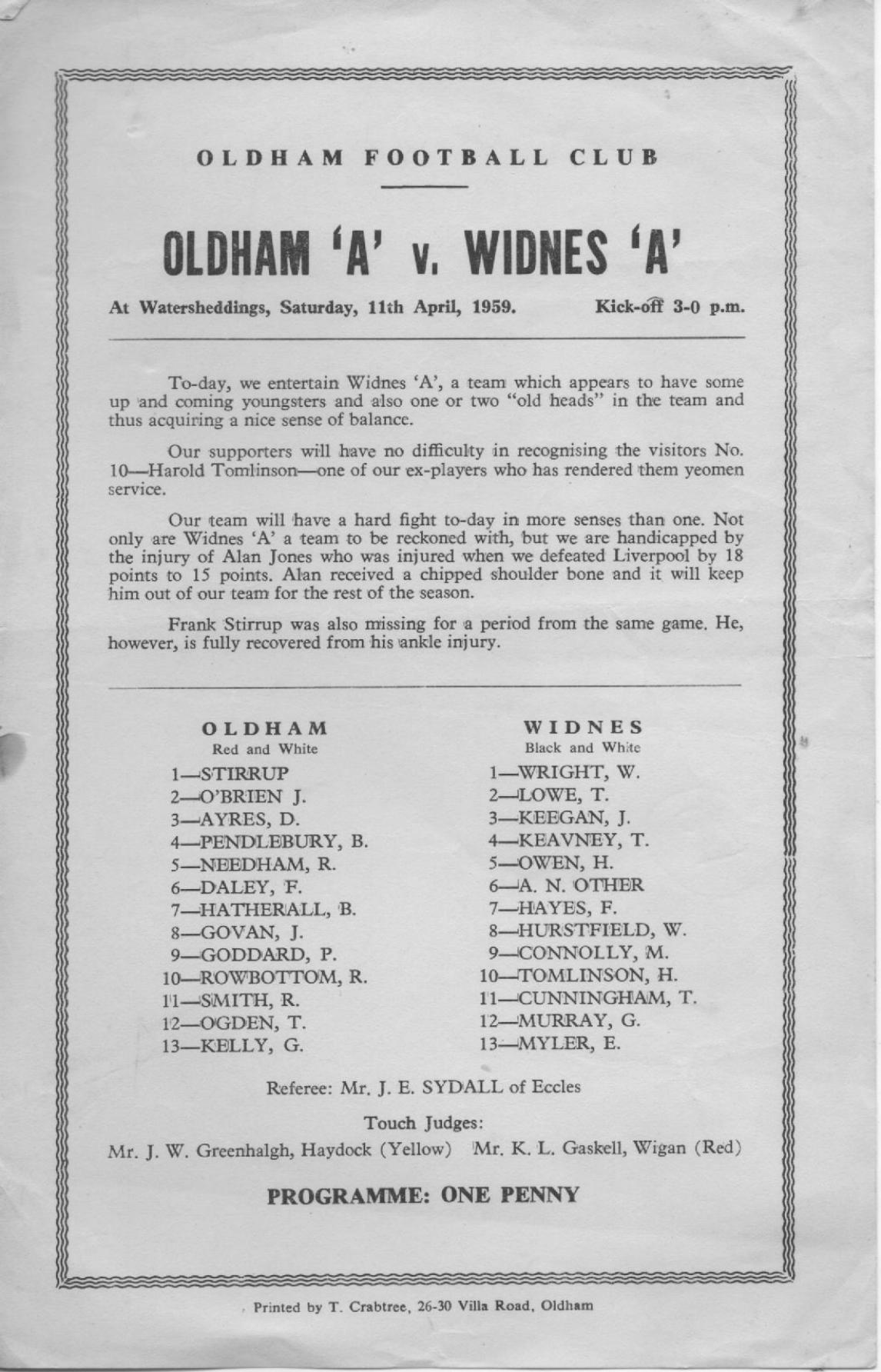 Programme cover: Oldham v Widnes, 11 April 1959