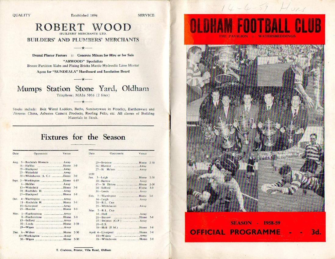 Programme cover: Oldham v Hunslet, 14 April 1959