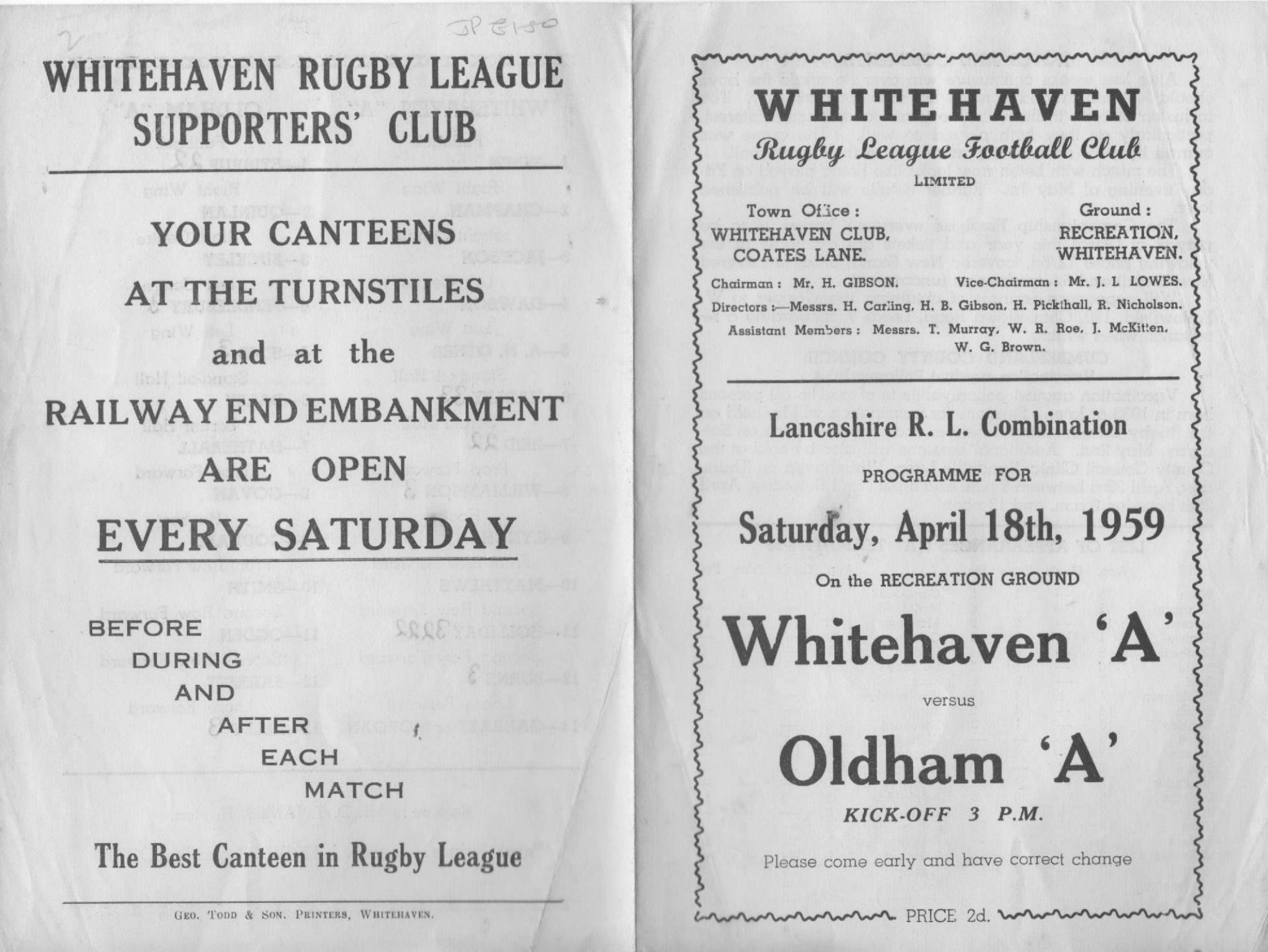 Programme cover: Oldham v Whitehaven, 18 April 1959