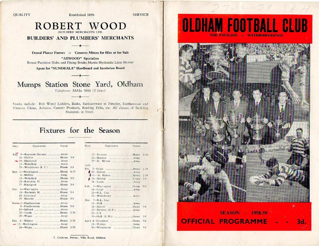 Programme cover: Oldham v St Helens, 27 April 1959