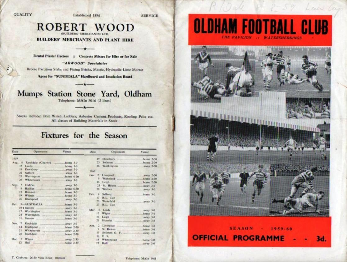 Programme cover: Oldham v Rochdale Hornets, 8 August 1959