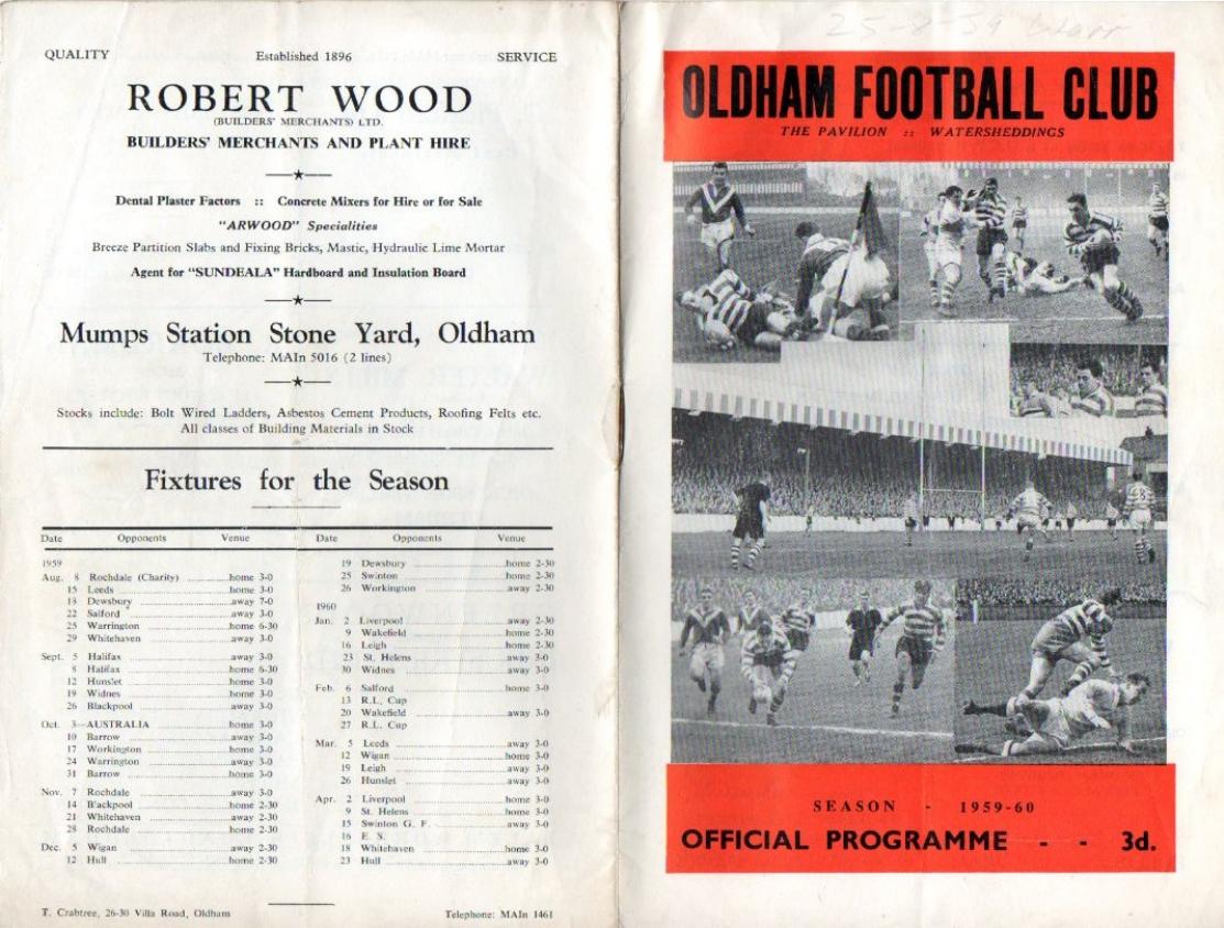 Programme cover: Oldham v Warrington, 25 August 1959