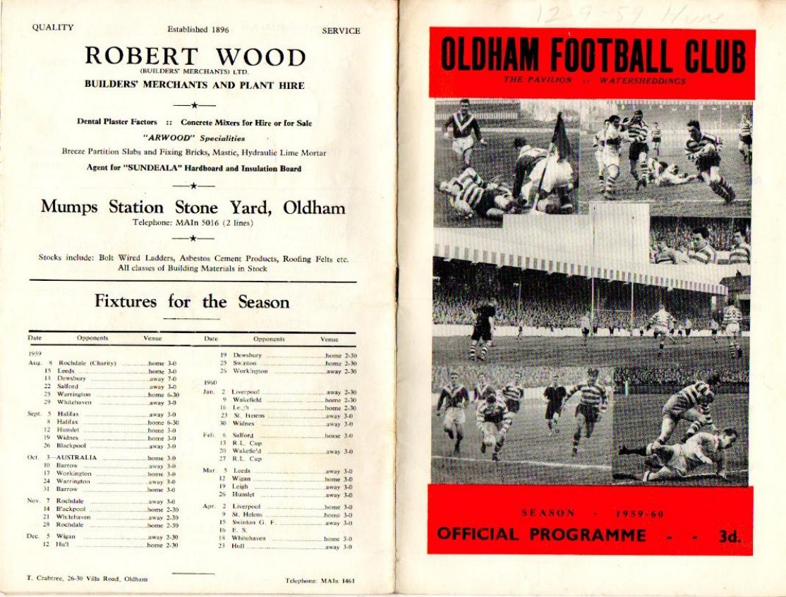 Programme cover: Oldham v Hunslet, 12 September 1959