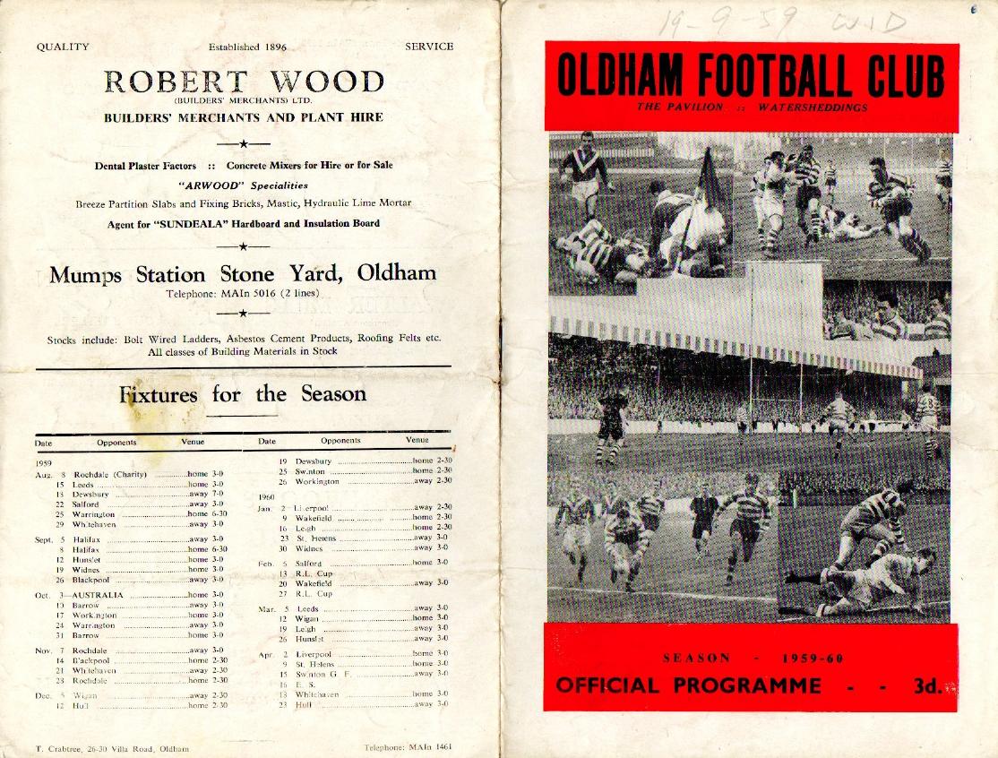 Programme cover: Oldham v Widnes, 19 September 1959