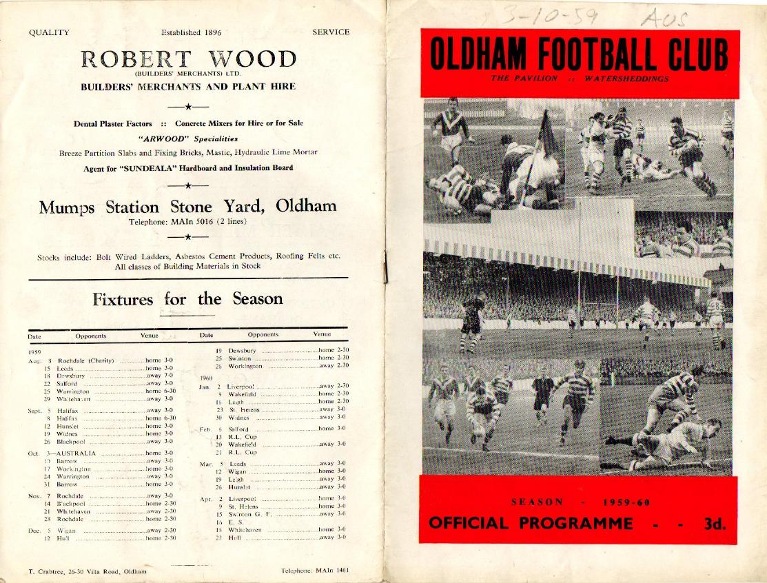 Programme cover: Oldham v Australia, 3 October 1959