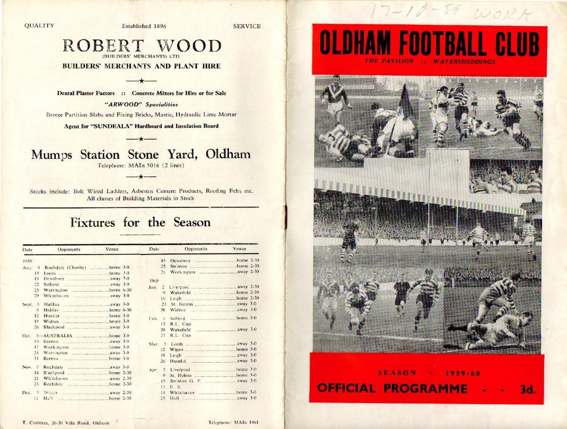 Programme cover: Oldham v Workington Town, 17 October 1959