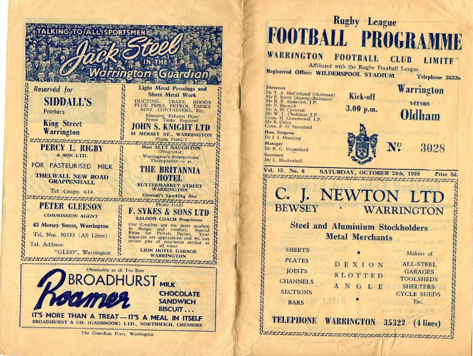 Programme cover: Oldham v Warrington, 24 October 1959