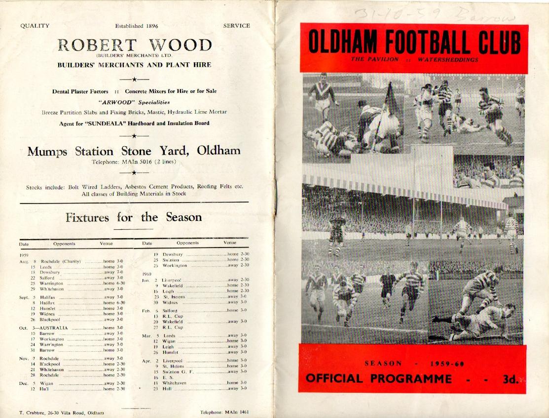 Programme cover: Oldham v Barrow, 31 October 1959