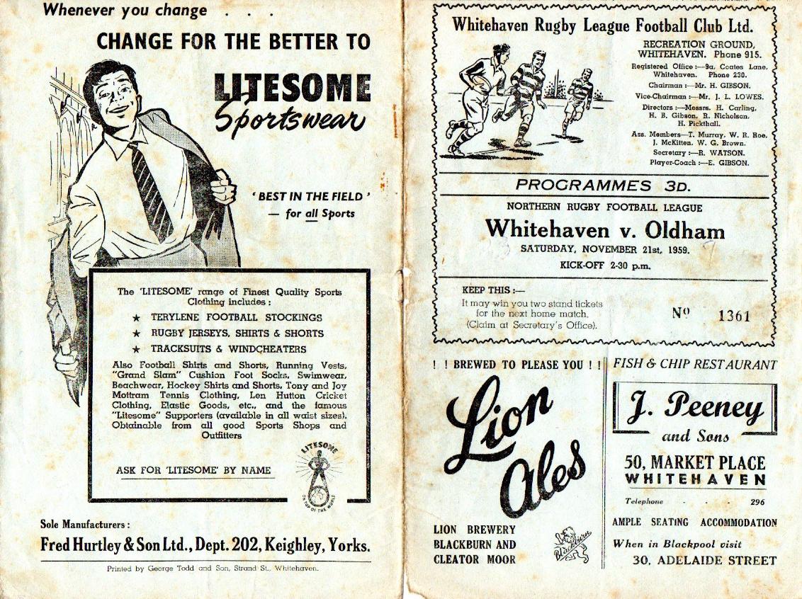 Programme cover: Oldham v Whitehaven, 21 November 1959
