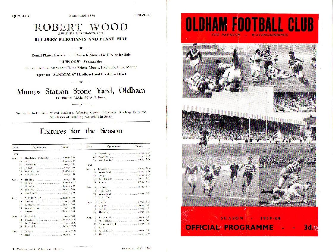Programme cover: Oldham v Rochdale Hornets, 28 November 1959