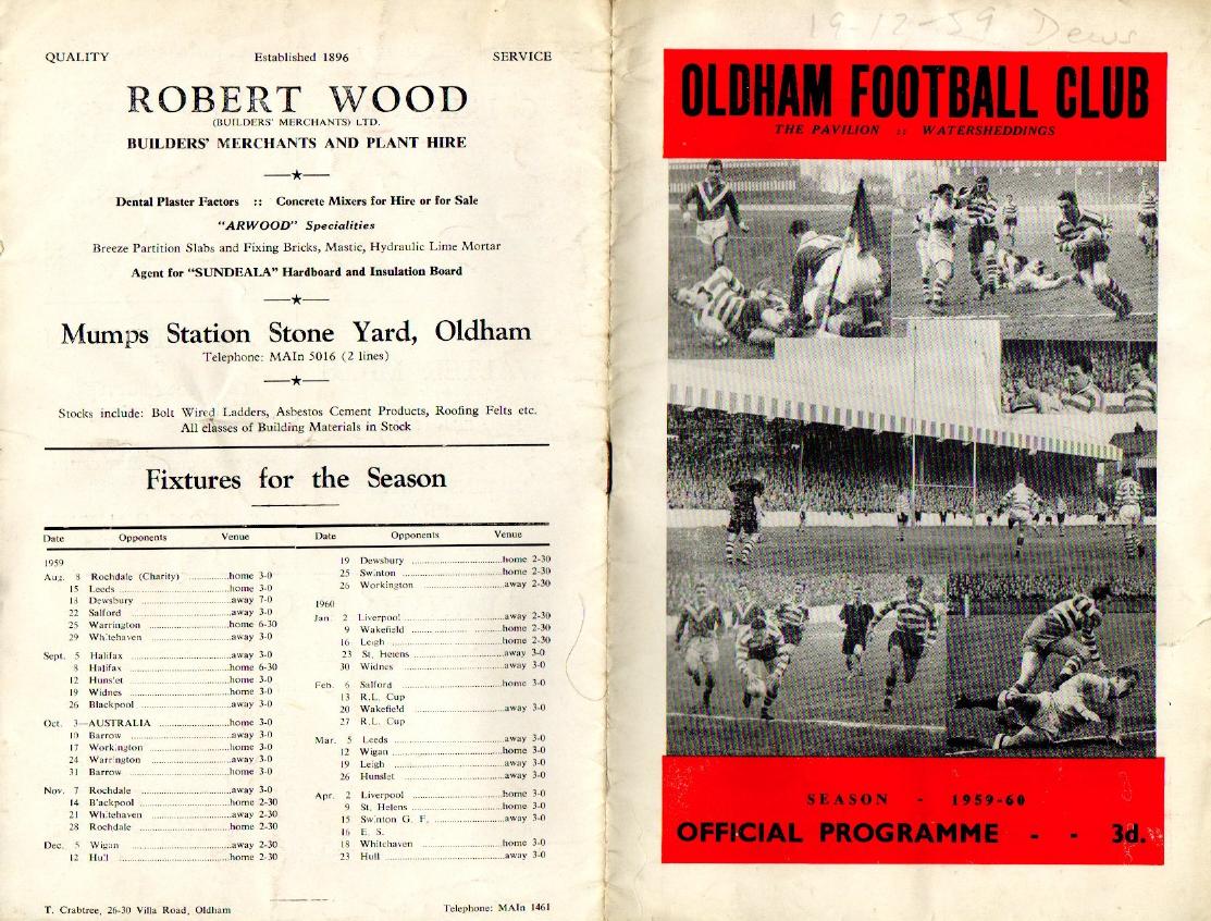 Programme cover: Oldham v Dewsbury, 19 December 1959