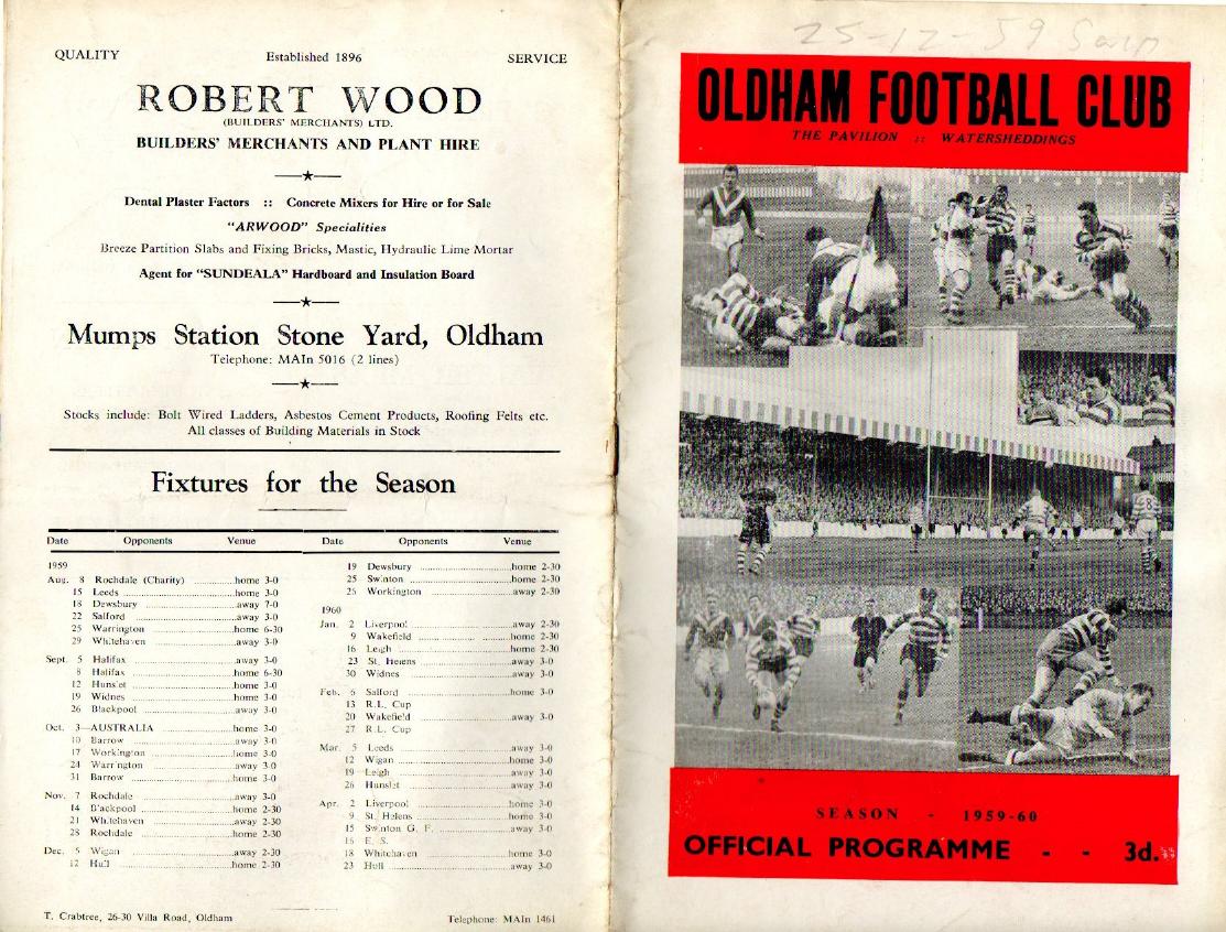 Programme cover: Oldham v Swinton, 25 December 1959
