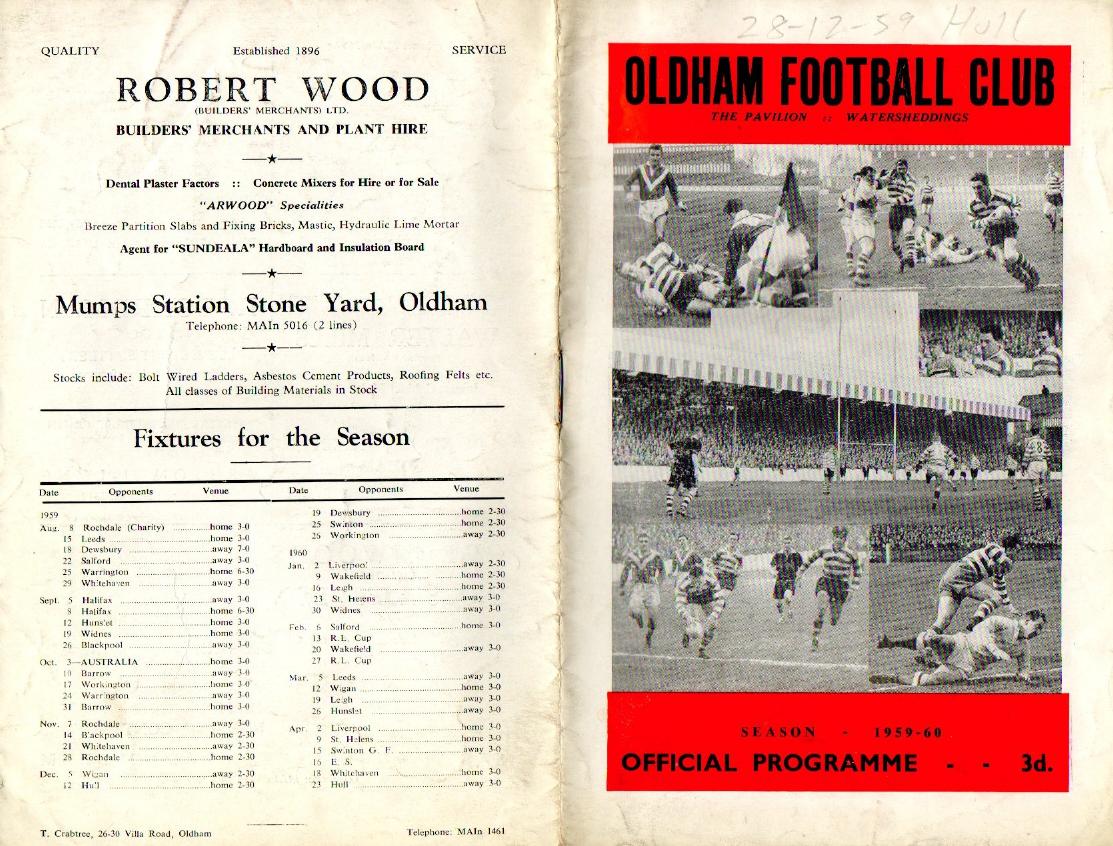 Programme cover: Oldham v Hull FC, 28 December 1959