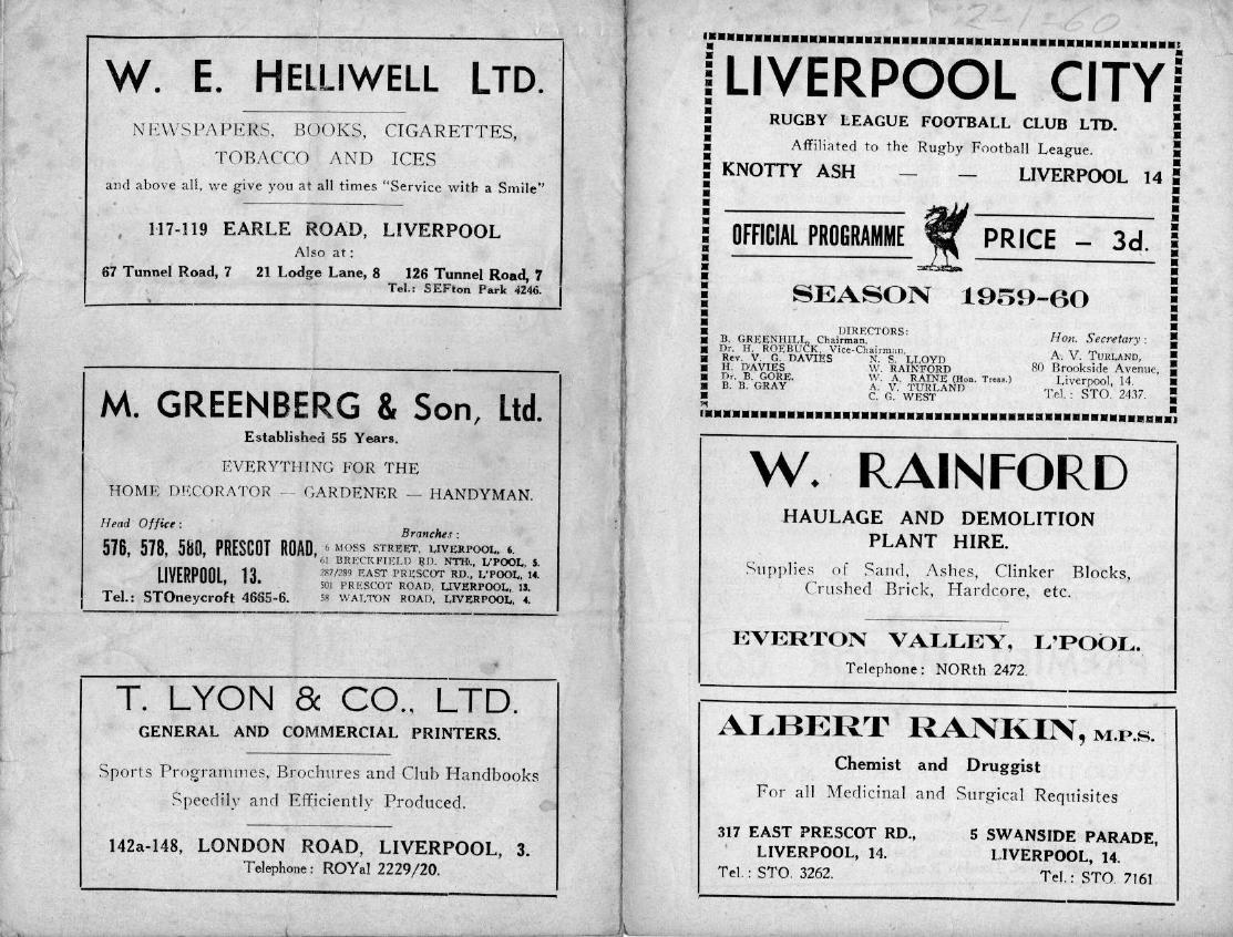 Programme cover: Oldham v Liverpool City, 2 January 1960
